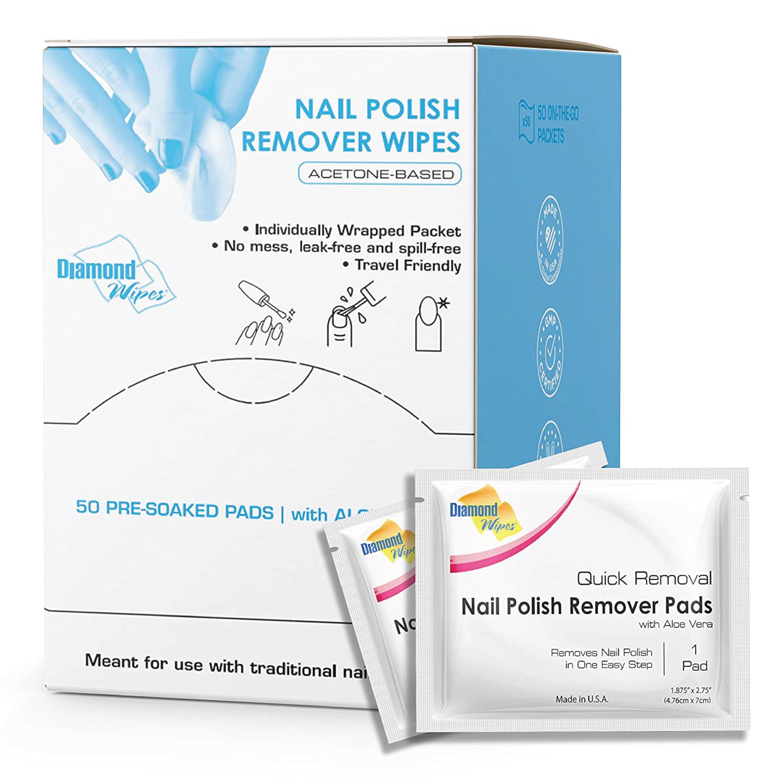 Diamond Wipes front packaging showing 50-count and travel convenience