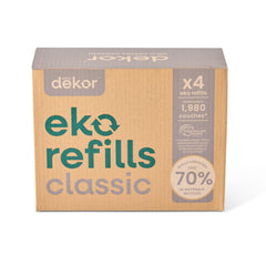 Diaper Dekor front packaging showing four unscented refill rolls and brand benefits