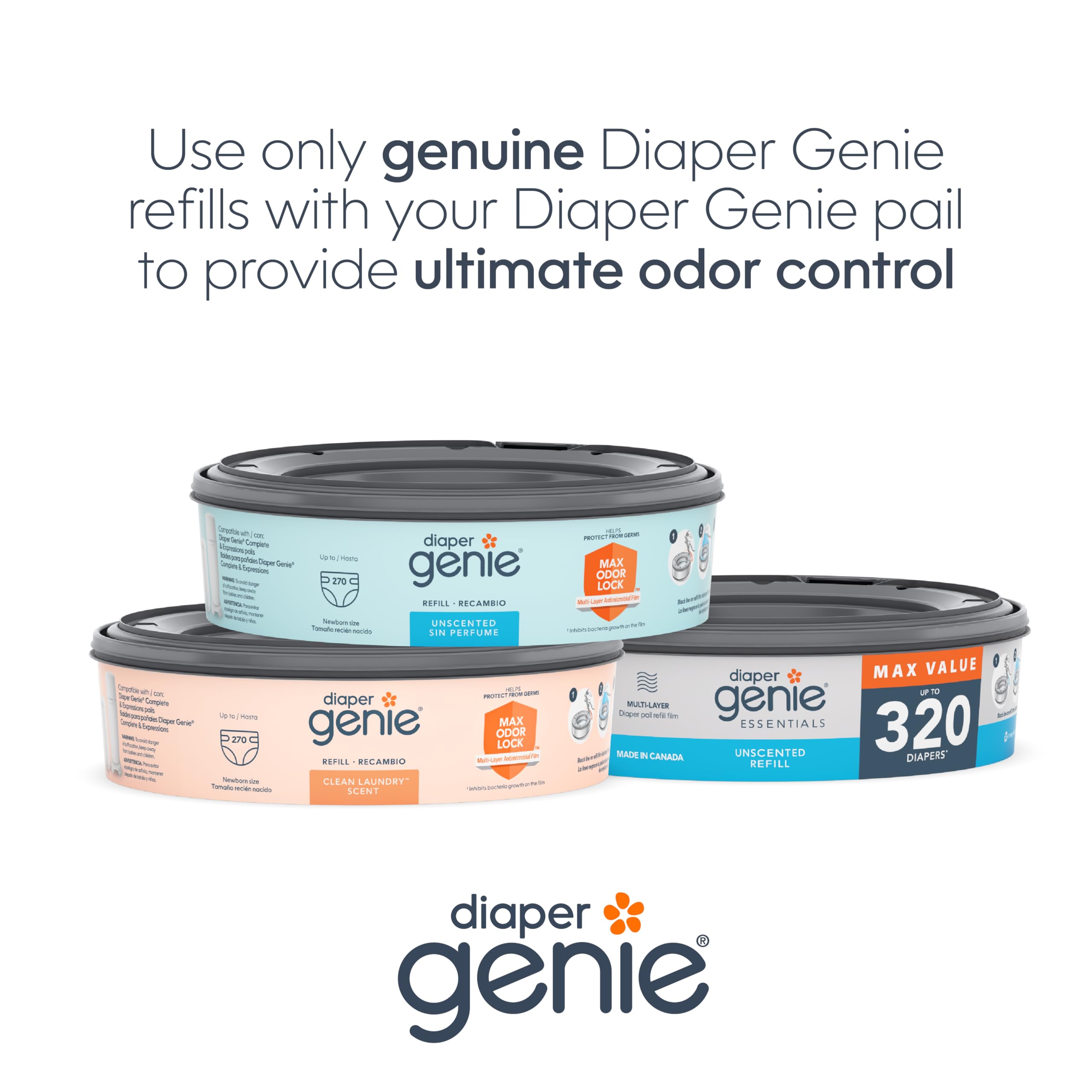 Diaper Genie paquete abierto con todos los rollos visibles, ideal para compra a granel