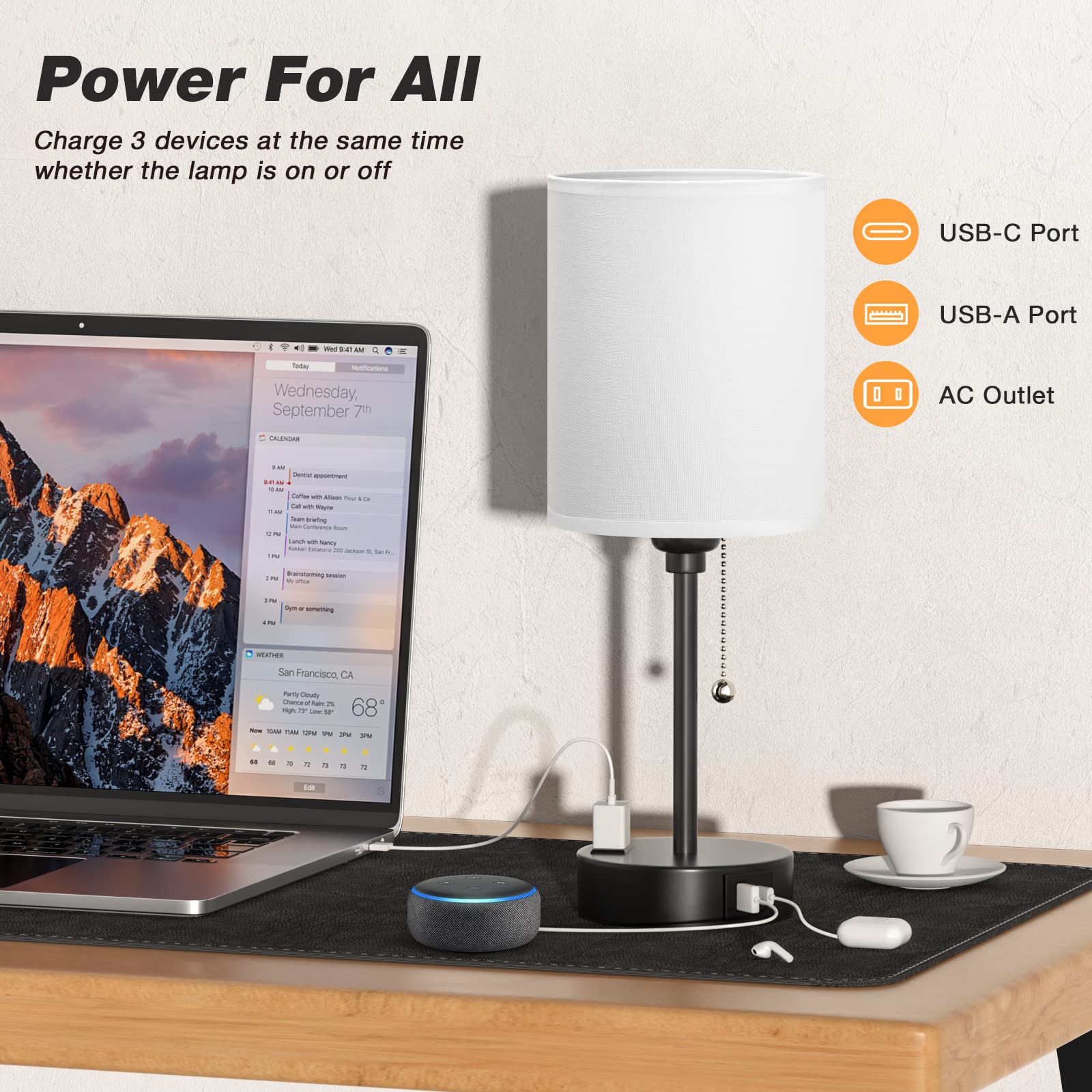 Dicoool enfoque en puertos USB-C, USB-A y toma AC para cargar varios dispositivos