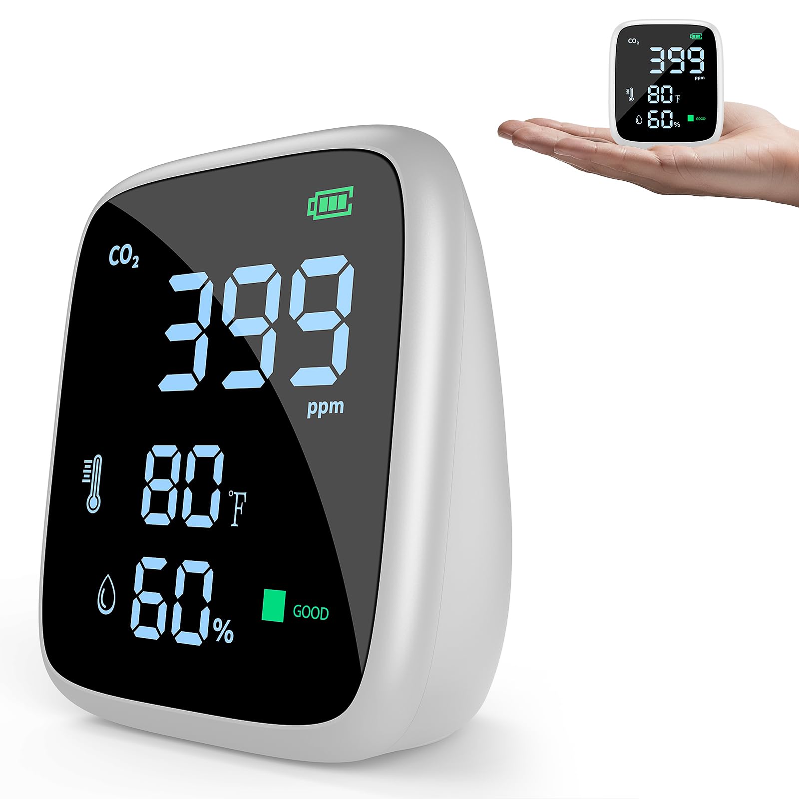 Dienmern vista frontal del monitor mostrando valores CO2 y temperatura, lectura clara