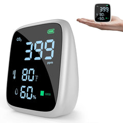 Dienmern vista frontal del monitor mostrando valores CO2 y temperatura, lectura clara