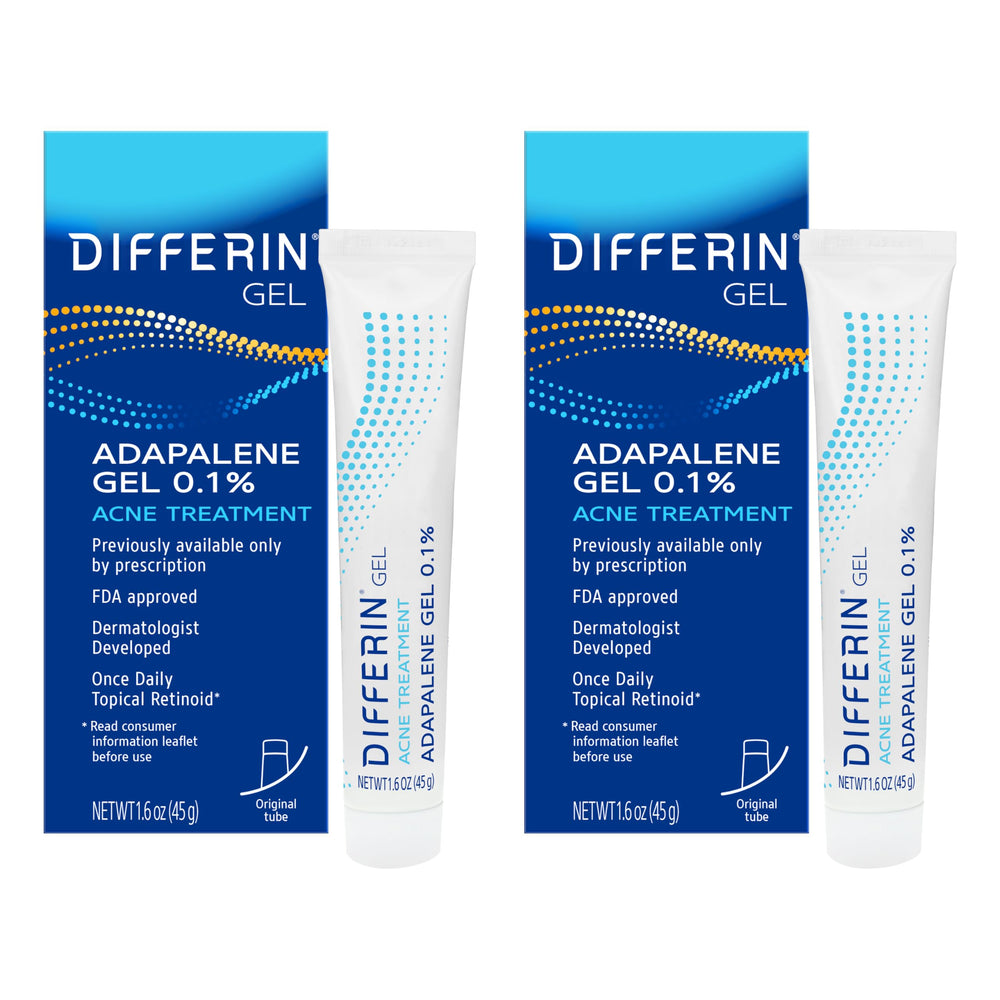 Differin gel paquete frontal mostrando tubos y marca Differin, beneficio: tratamiento antiacné eficaz