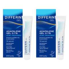 Differin gel paquete frontal mostrando tubos y marca Differin, beneficio: tratamiento antiacné eficaz