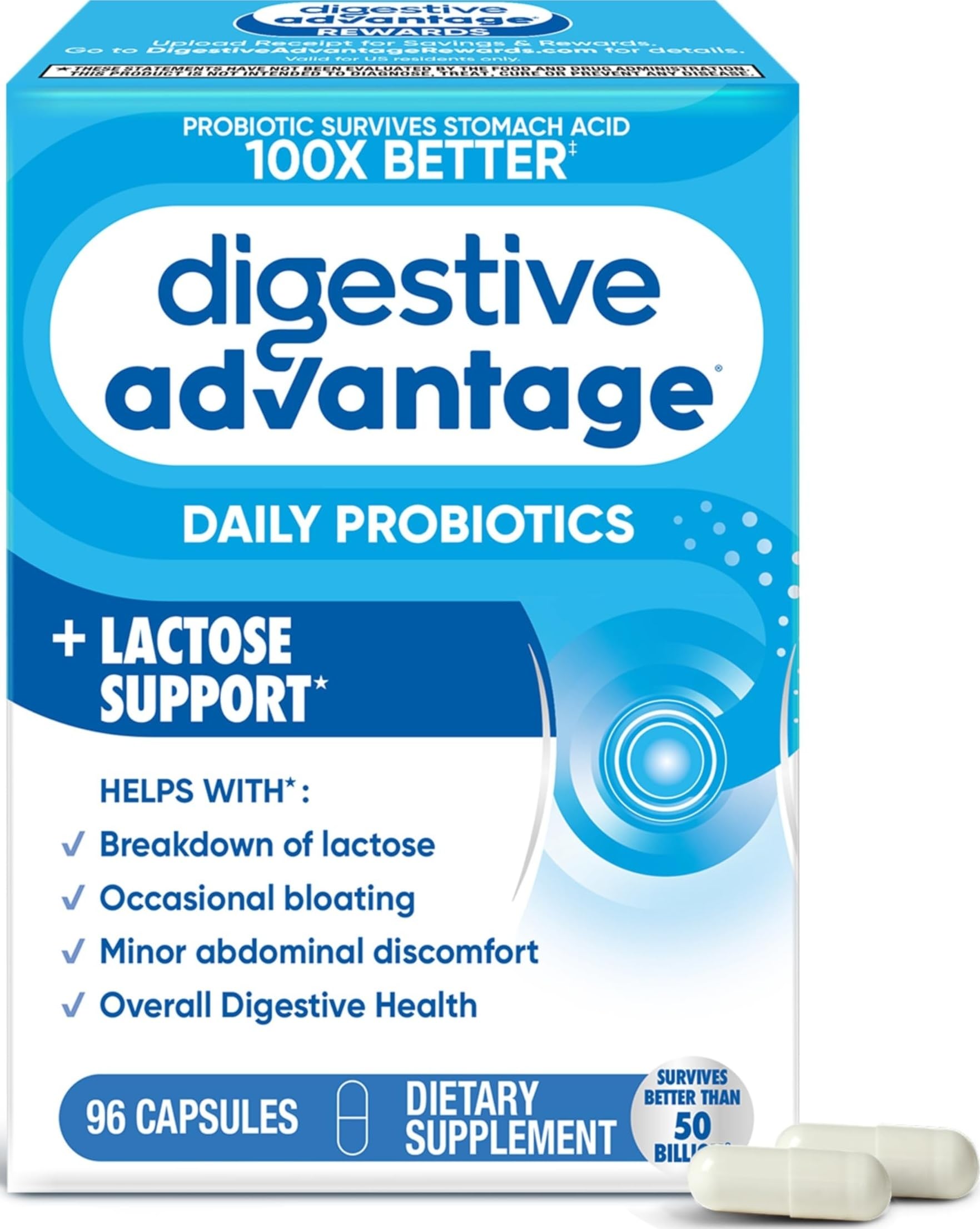Digestive Advantage frasco frontal mostrando cápsulas y beneficios claros