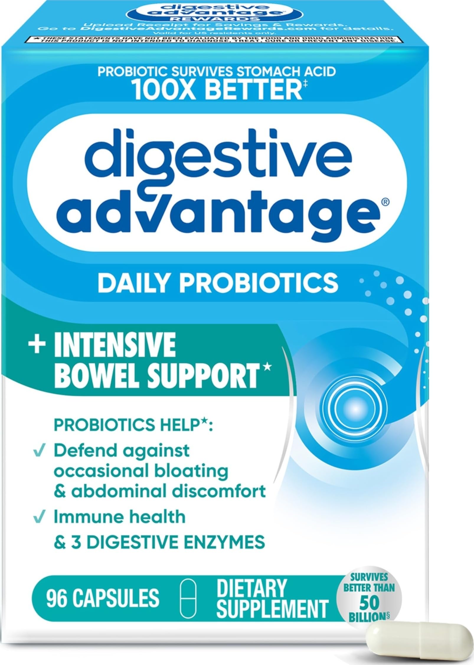 Digestive Advantage frontal del envase mostrando 96 cápsulas y beneficios