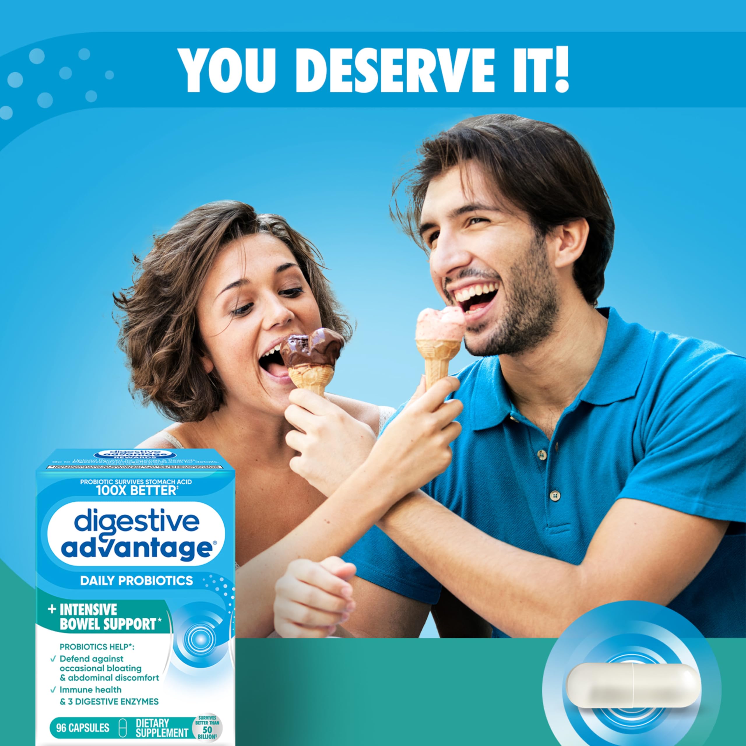 Envase Digestive Advantage sobre mesa junto a un vaso de agua en uso diario