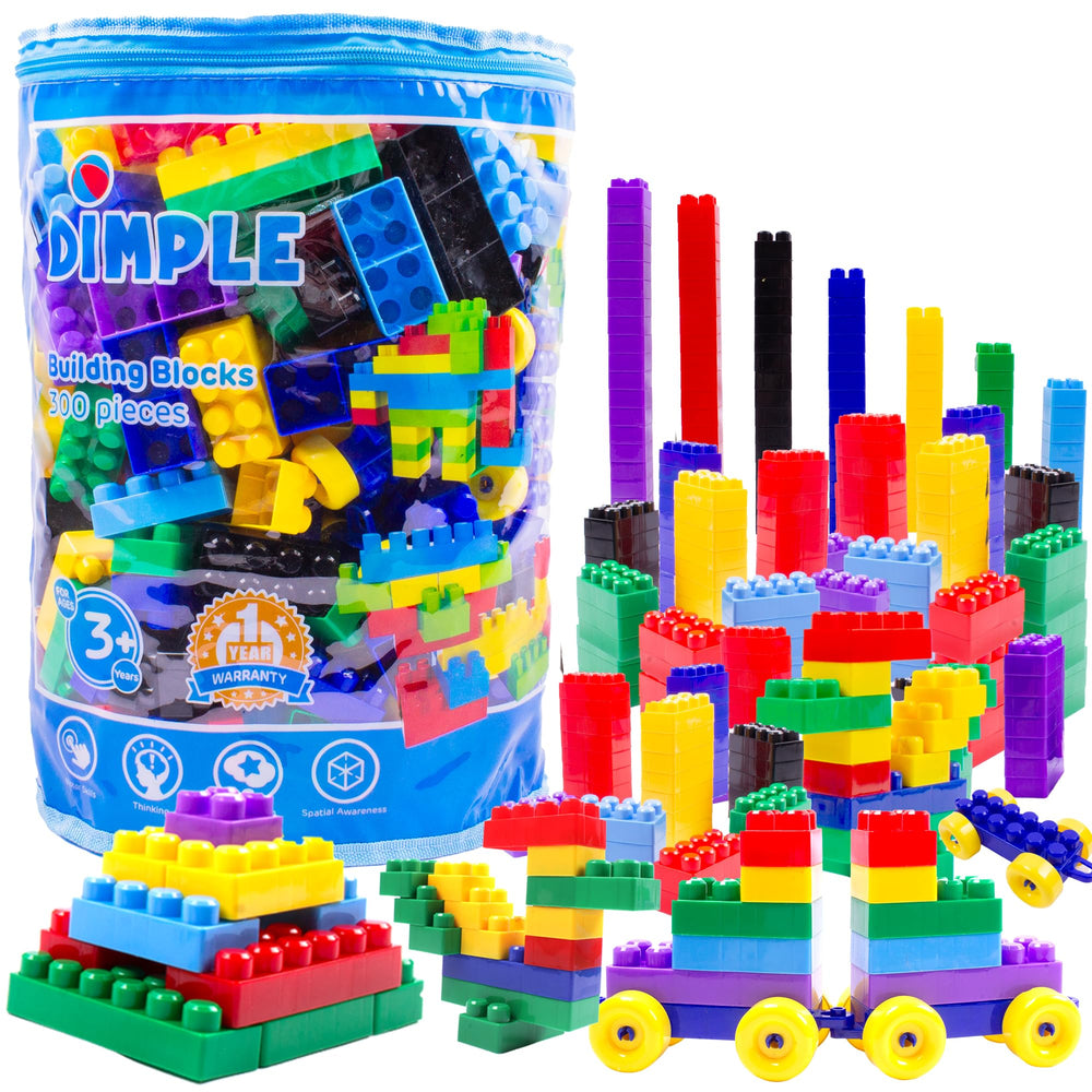 Dimple vista frontal del paquete mostrando 300 piezas y beneficios educativos