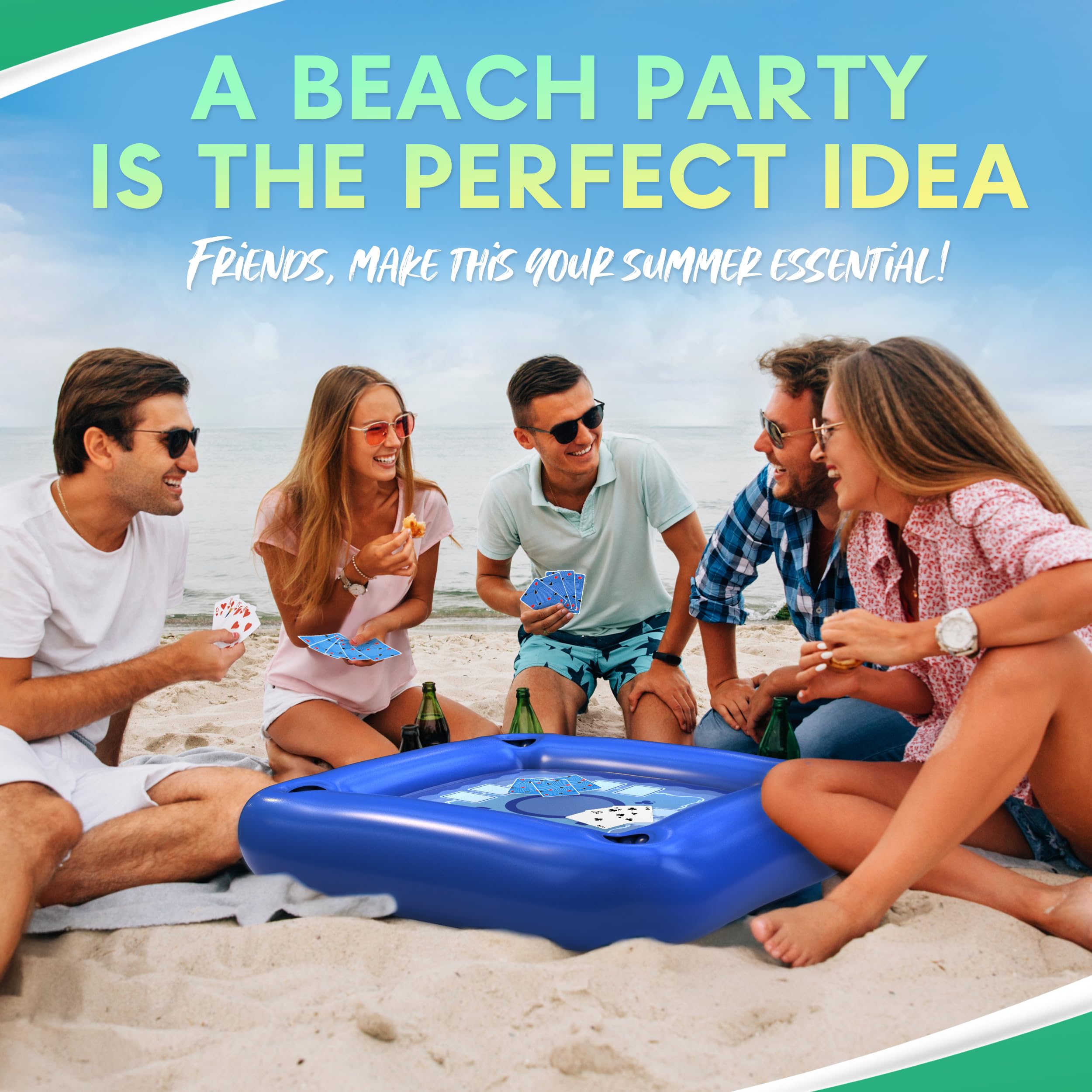 DIMROM mesa en uso con cartas impermeables y personas jugando en la piscina