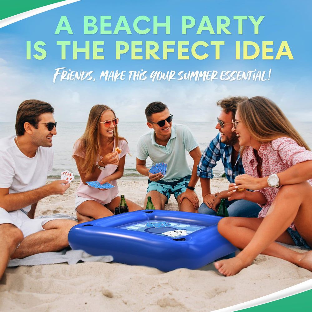 DIMROM mesa en uso con cartas impermeables y personas jugando en la piscina