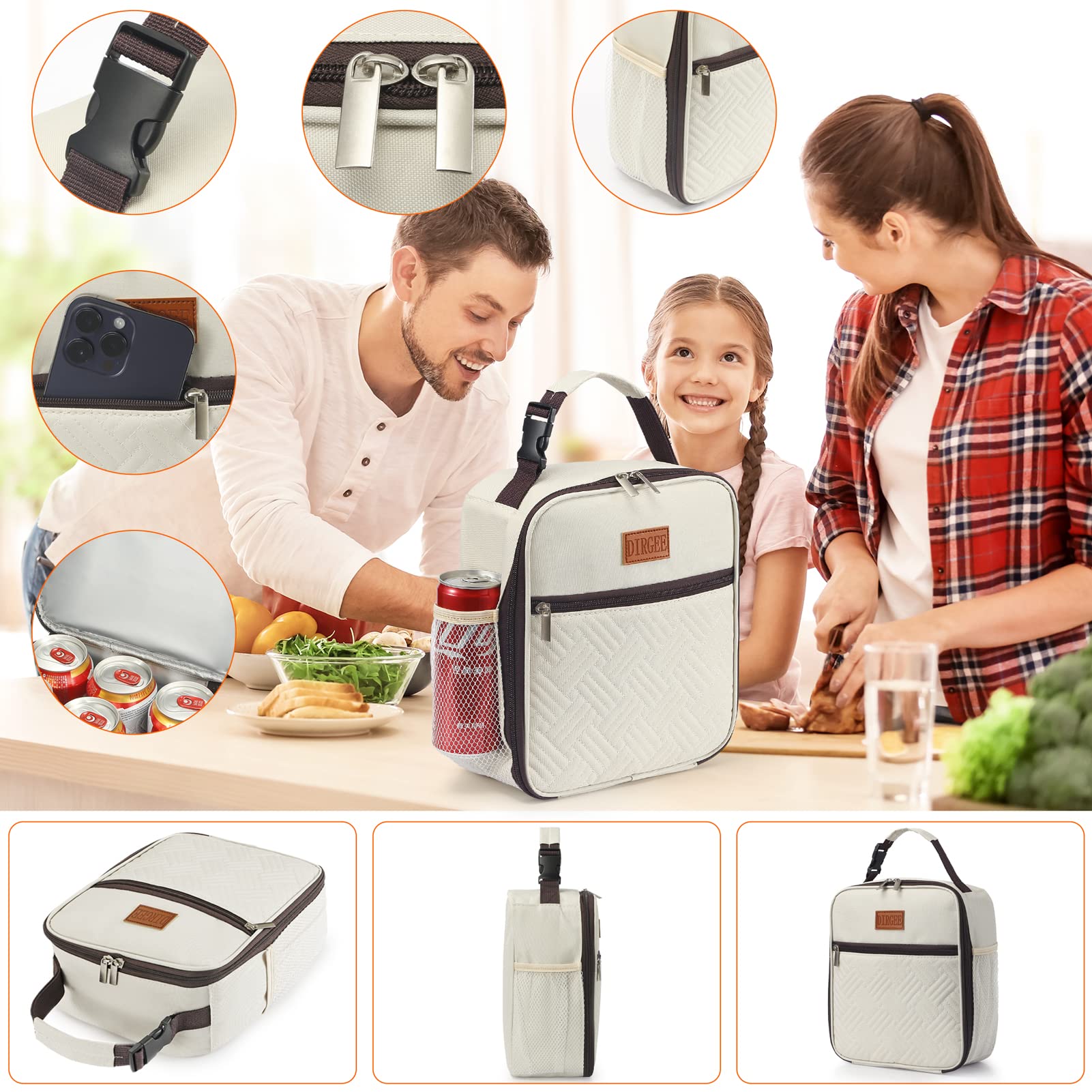 DIRGEE lunch bag en una mesa de oficina con comida, práctica durante la jornada laboral