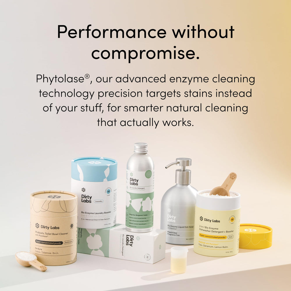 Dirty Labs Aestival platos brillantes tras lavado, demostrando enjuague sin manchas