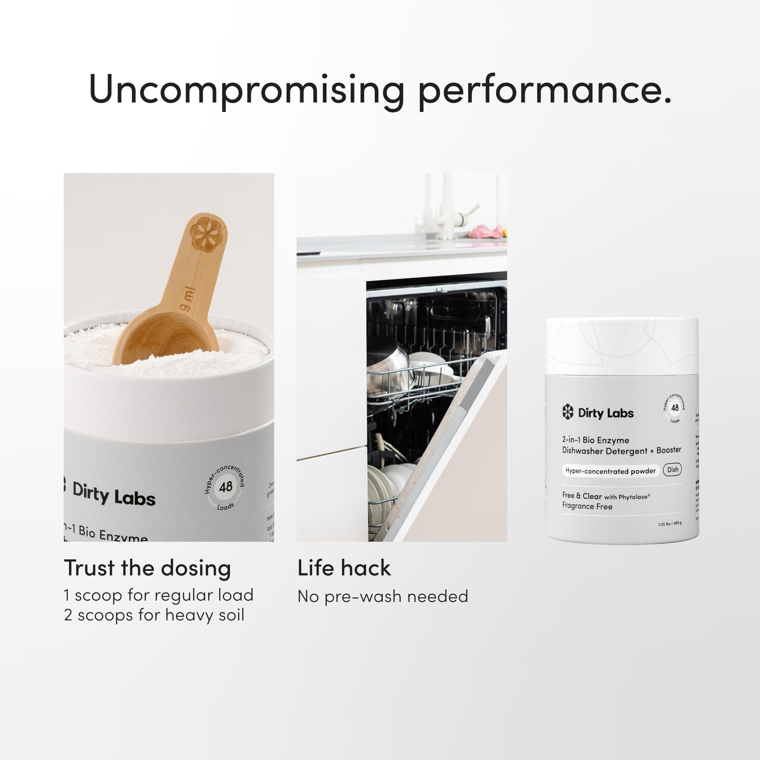 Dirty Labs producto en cocina mostrando resultado brillante y sin fragancia