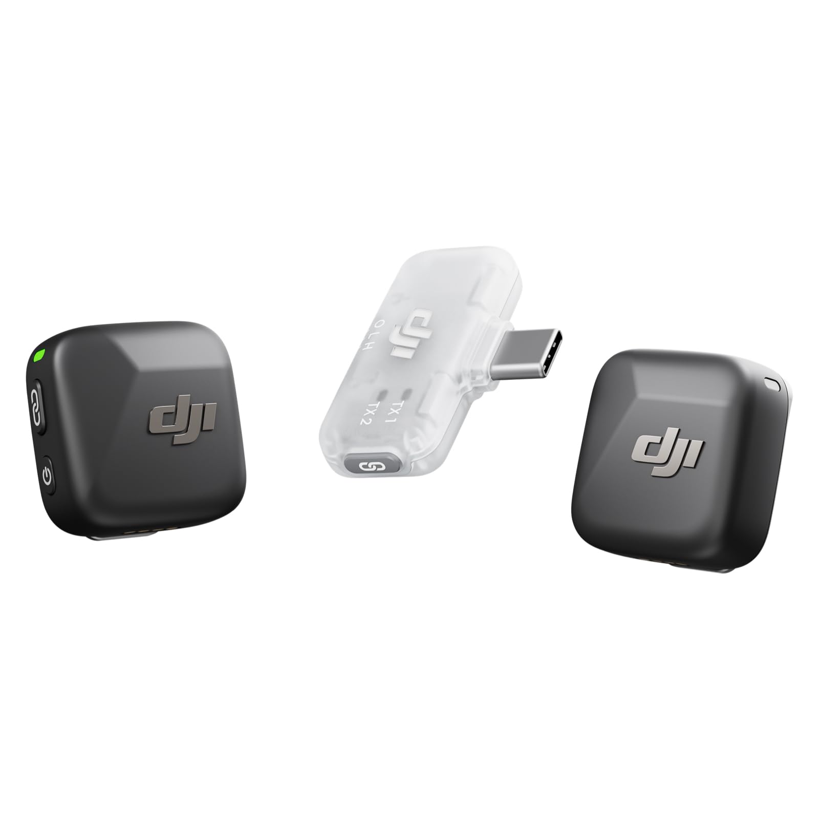 DJI Mic Mini frontal con accesorios mostrando portabilidad y facilidad