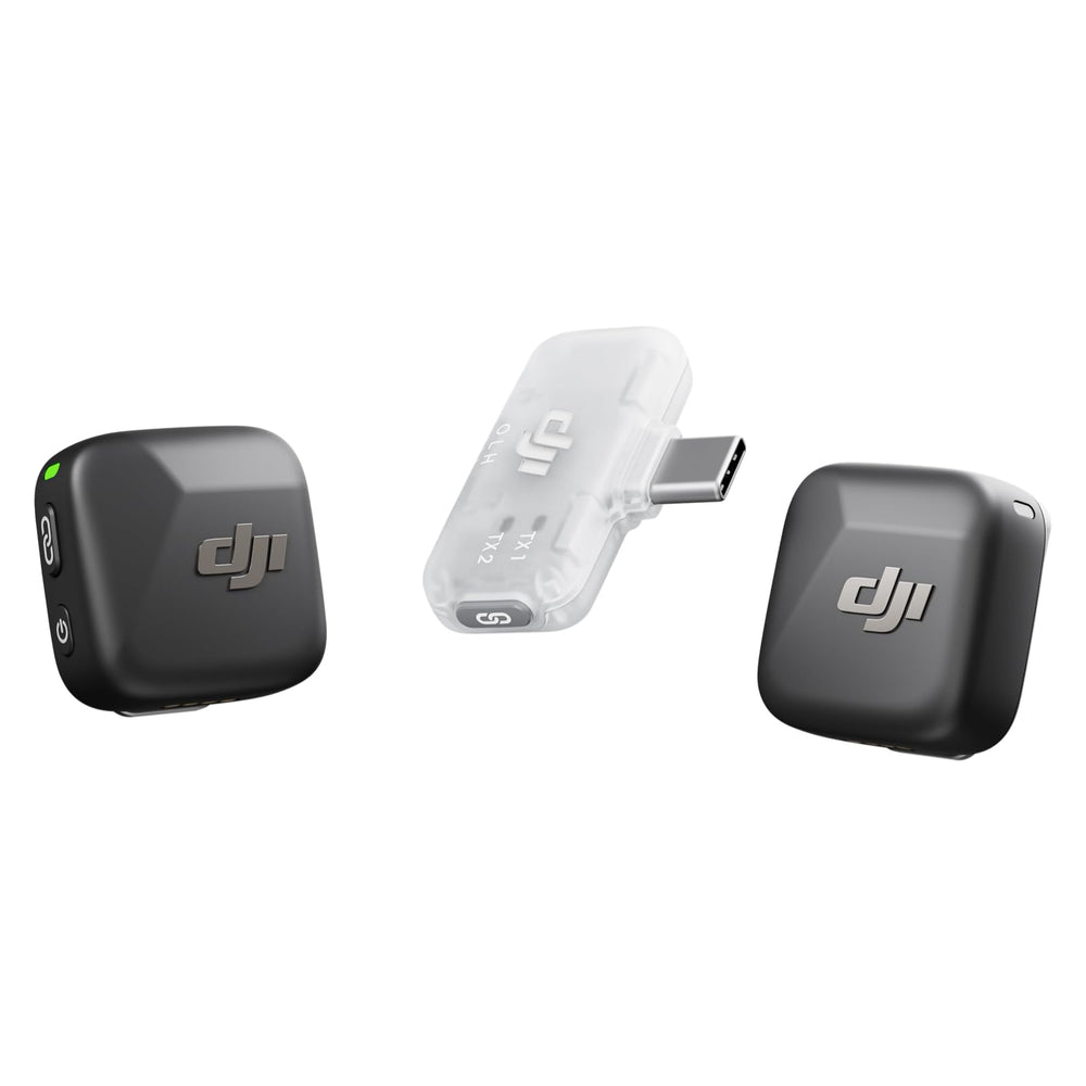 DJI Mic Mini frontal con accesorios mostrando portabilidad y facilidad