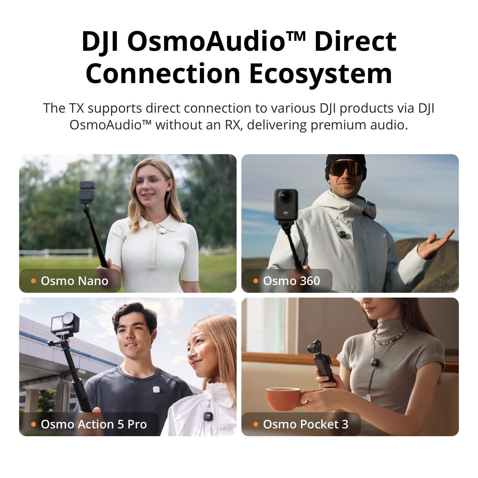 DJI Mic Mini etiqueta de conectividad OsmoAudio y compatibilidad