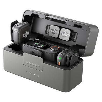 DJI Mic 3 kit front view showing transmitters, receiver and charging case for quick setup