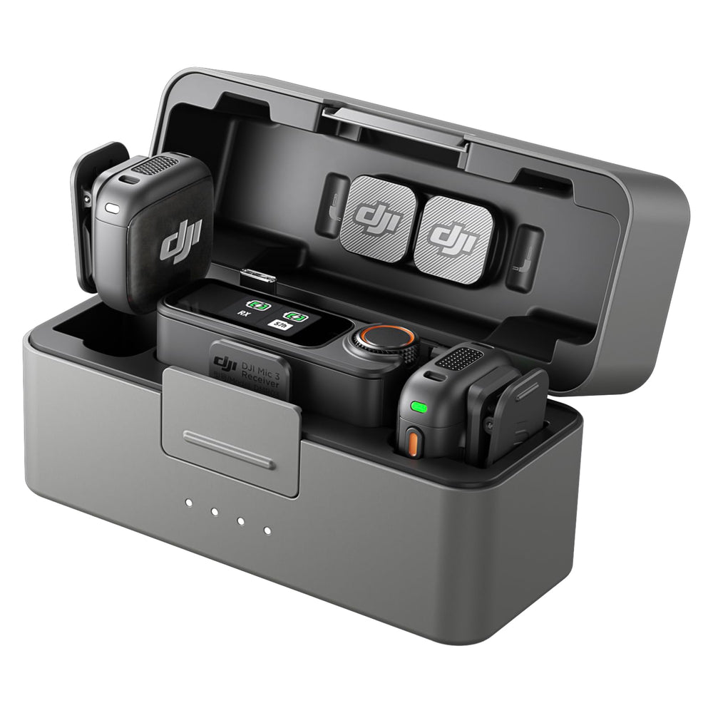 DJI Mic 3 kit front view showing transmitters, receiver and charging case for quick setup