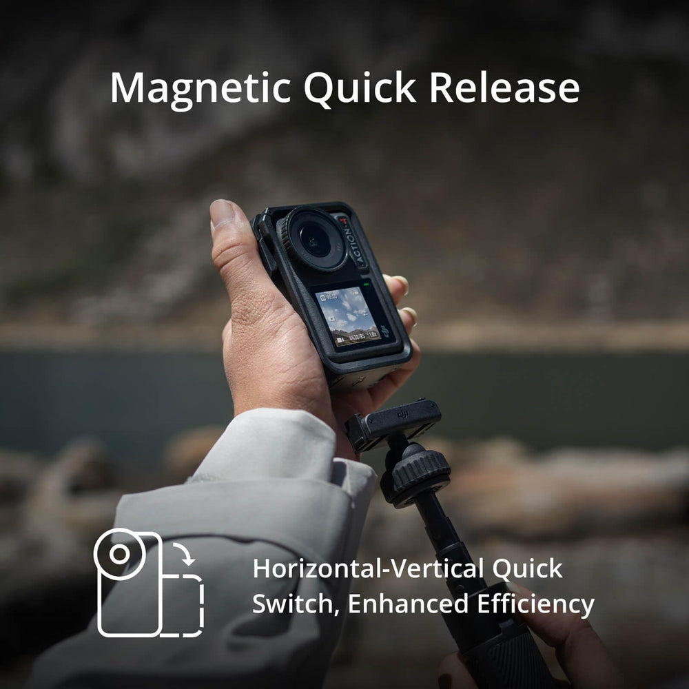DJI Osmo Action 4 inside protective frame for secure vertical and horizontal mounts