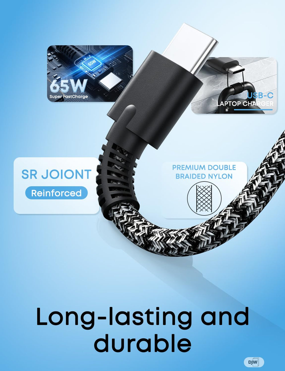 DJW cable de alimentación incluido mostrando longitud y conexión segura