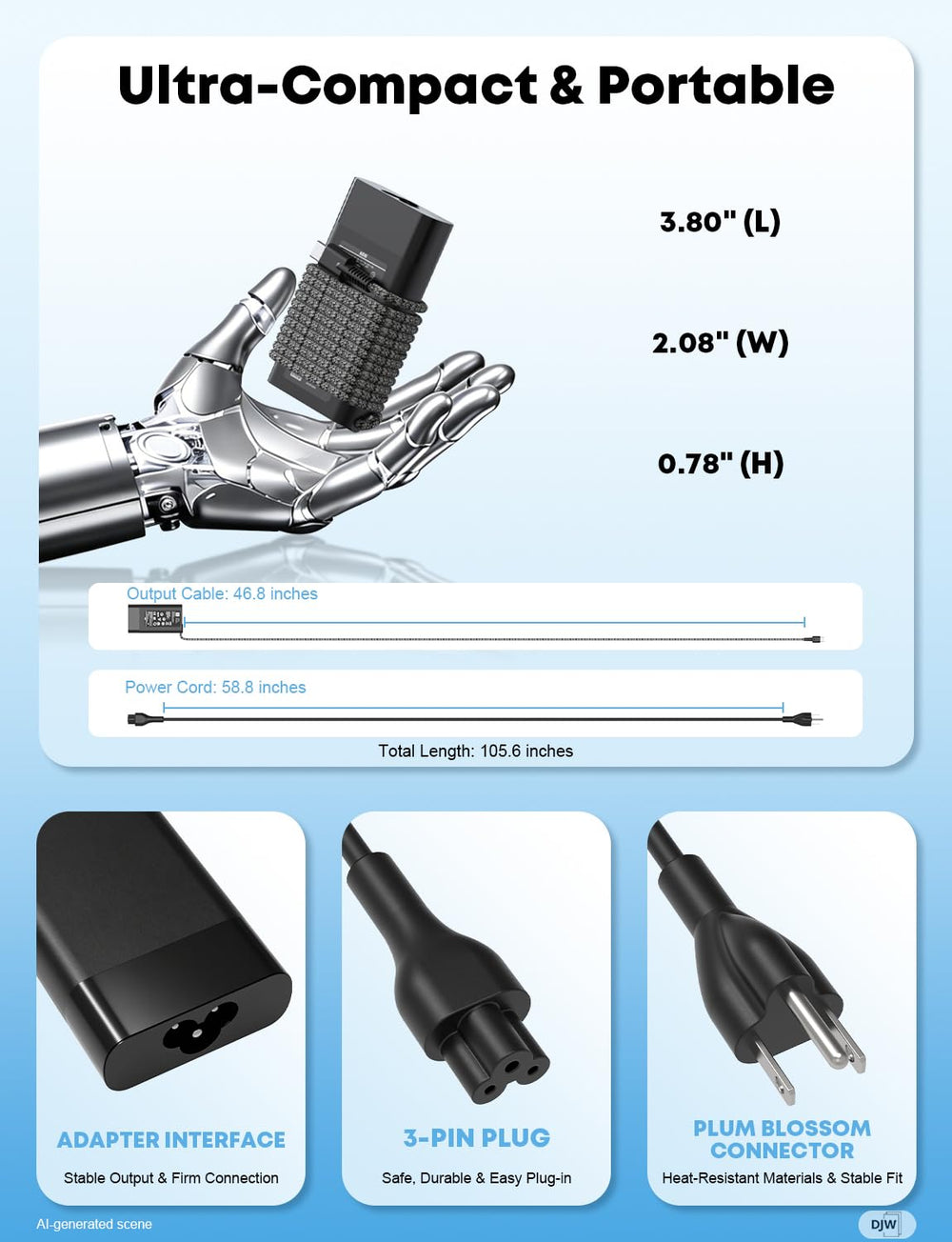 DJW caja y contenido del paquete con adaptador y cable listos para usar
