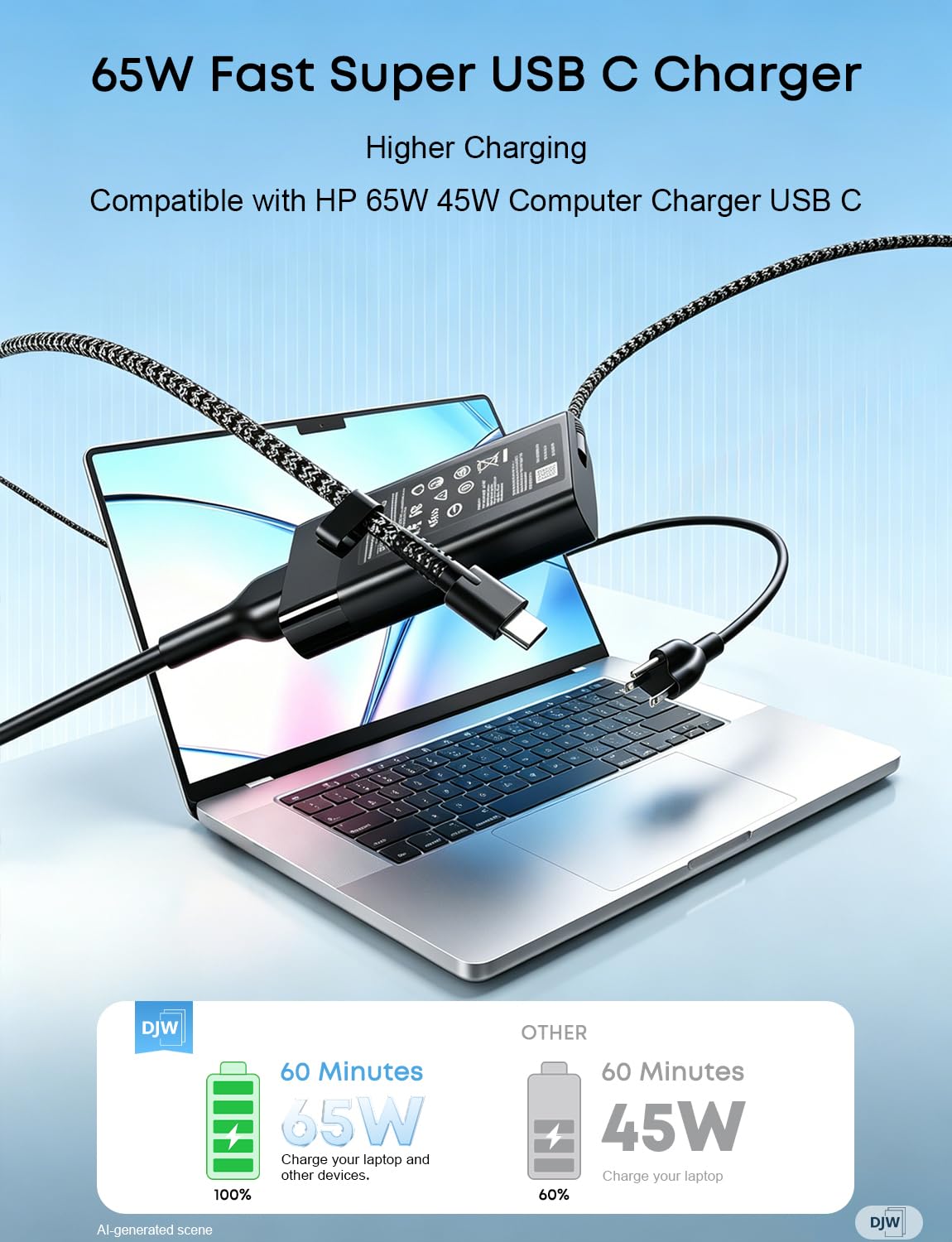 DJW cargador conectado a portátil HP demostrando carga estable y rápida