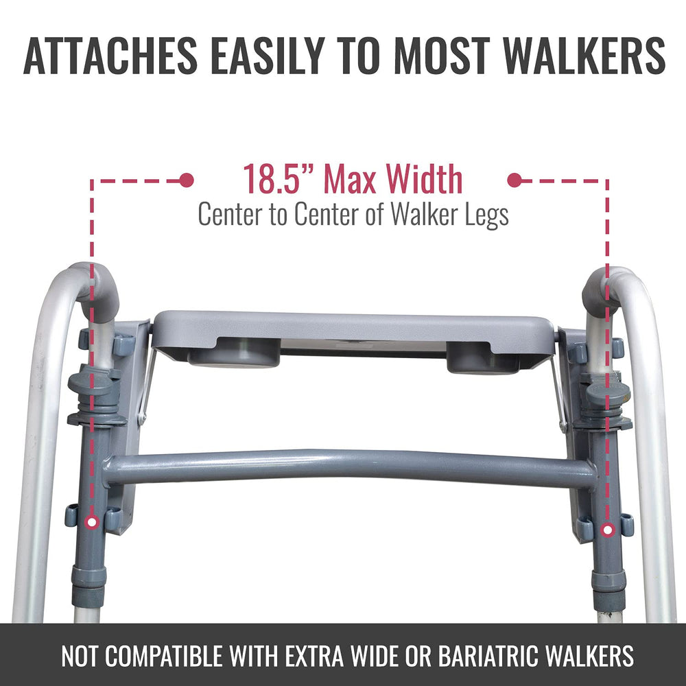 DMI tray folded flat against walker to save space and for storage