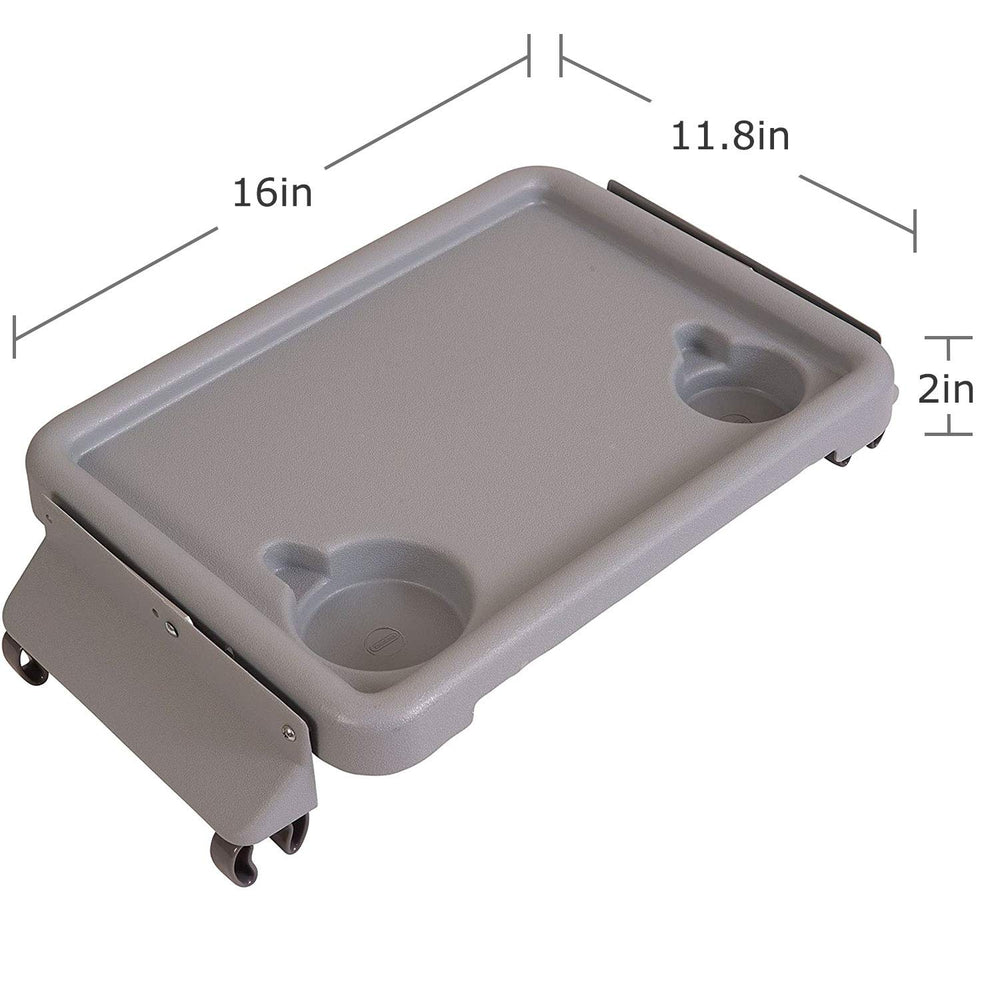DMI tray installed on a standard walker demonstrating easy snap attachment