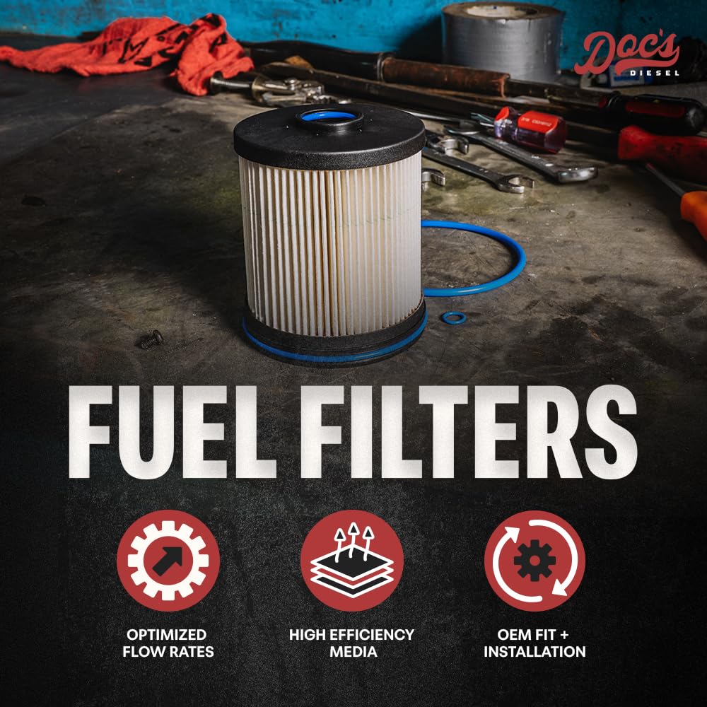 Doc's Diesel filtro junto a regla para comparar tamaño y encaje exacto