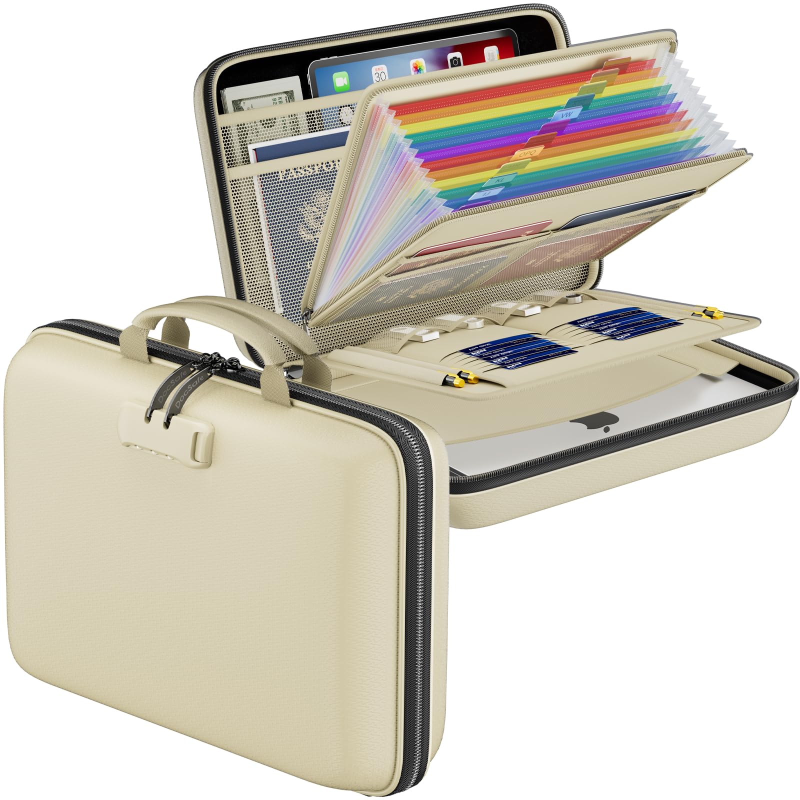 DocSafe front view showing hard-shell beige case and organized protection