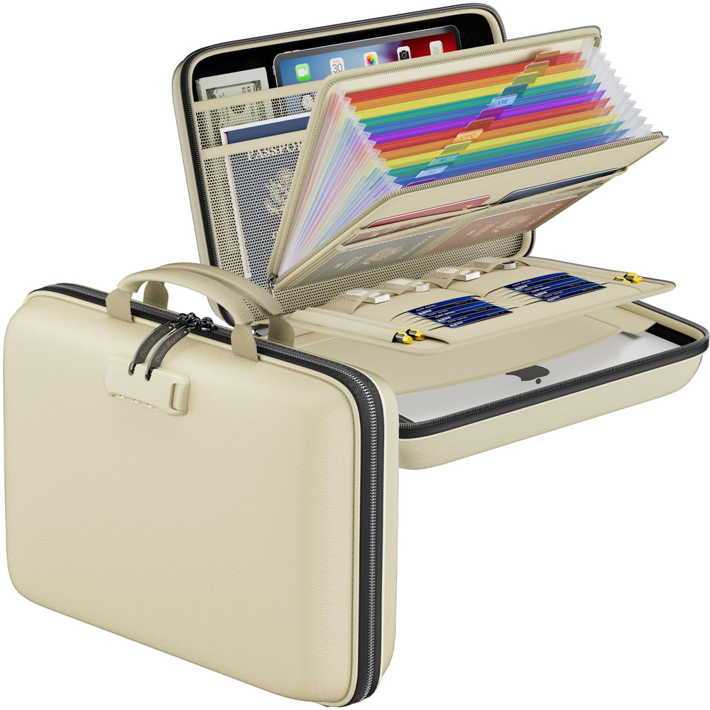 DocSafe front view showing hard-shell beige case and organized protection