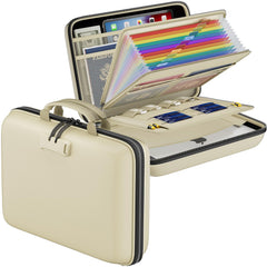 DocSafe front view showing hard-shell beige case and organized protection