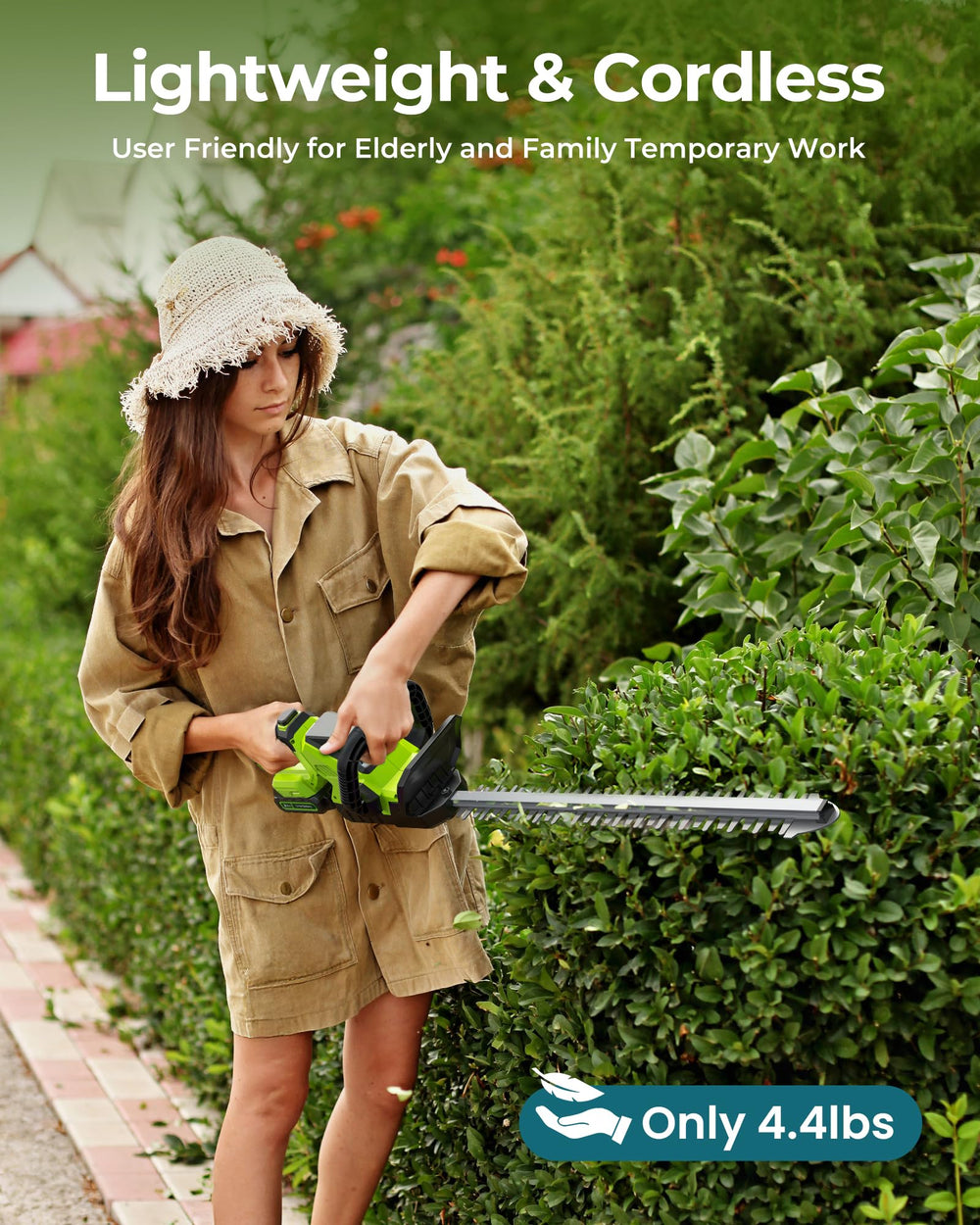 DocSmart trimming hedges in yard showing tidy results and ease