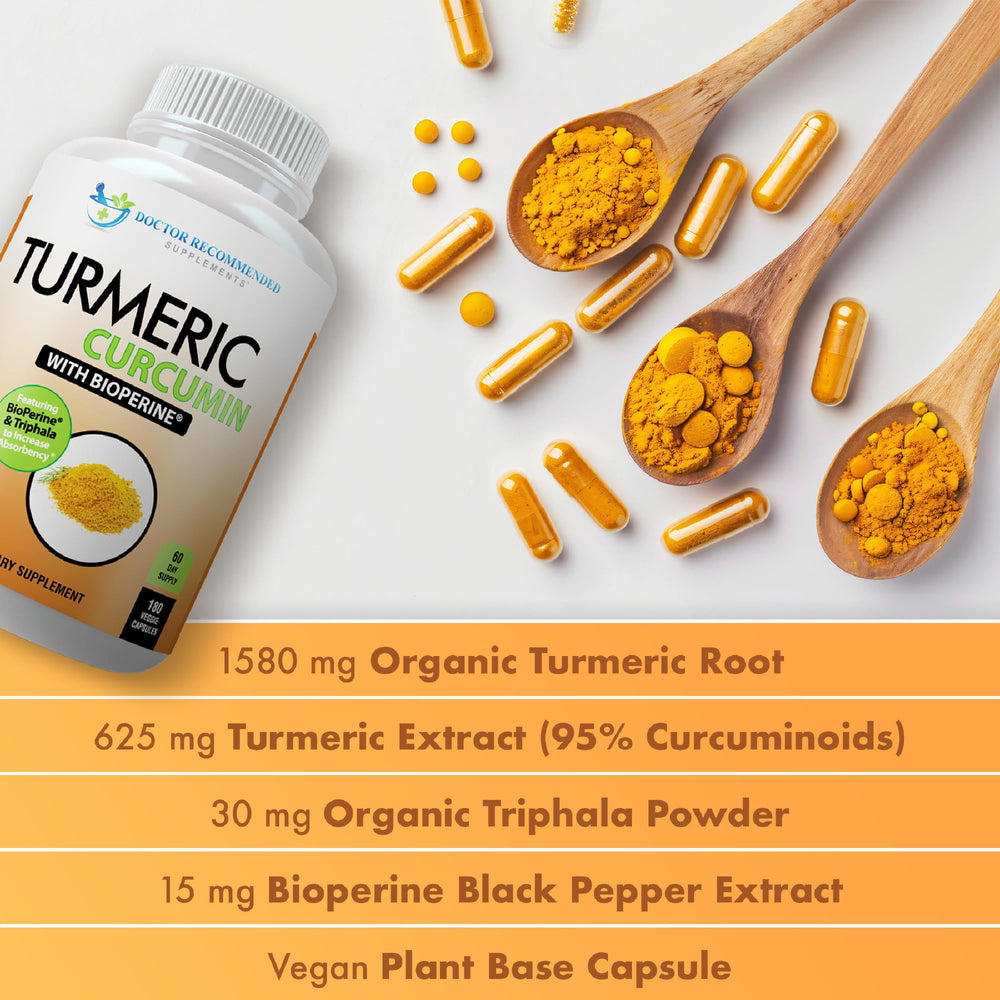 DOCTOR RECOMMENDED SUPPLEMENTS ingredientes orgánicos Triphala y cúrcuma mostrados