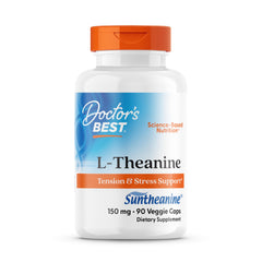Doctor's BEST botella frontal del suplemento L-Theanine mostrando etiqueta y 90 cápsulas para tranquilidad diaria