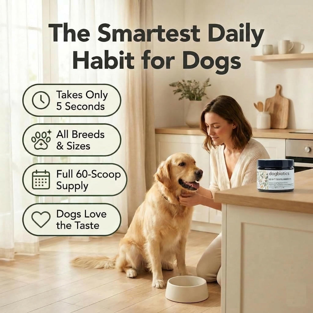 Dogbiotics DE-01 etiqueta con ingredientes, muestra calidad humana y seguridad