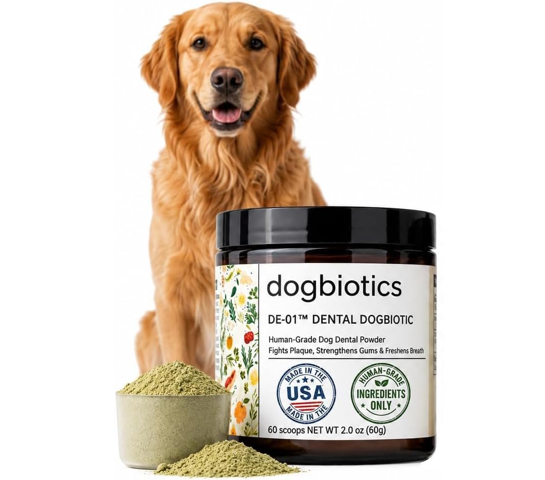 Dogbiotics DE-01 envase frontal mostrando diseño y tamaño, confianza y calidad