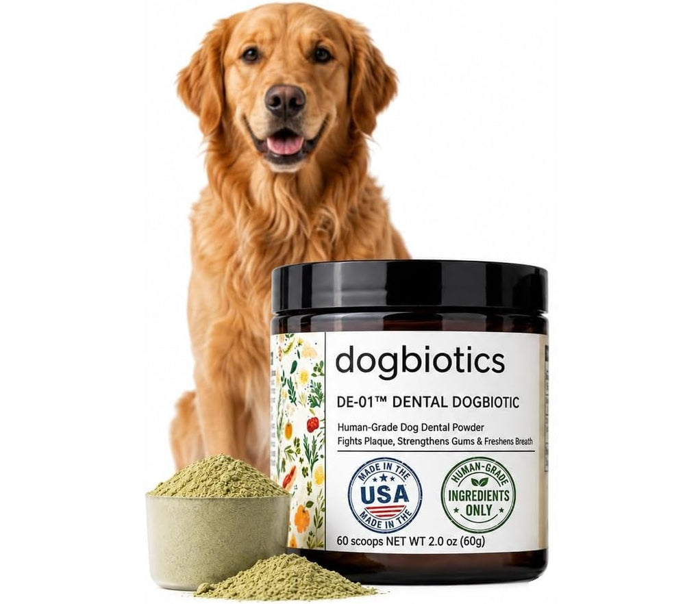 Dogbiotics DE-01 envase frontal mostrando diseño y tamaño, confianza y calidad