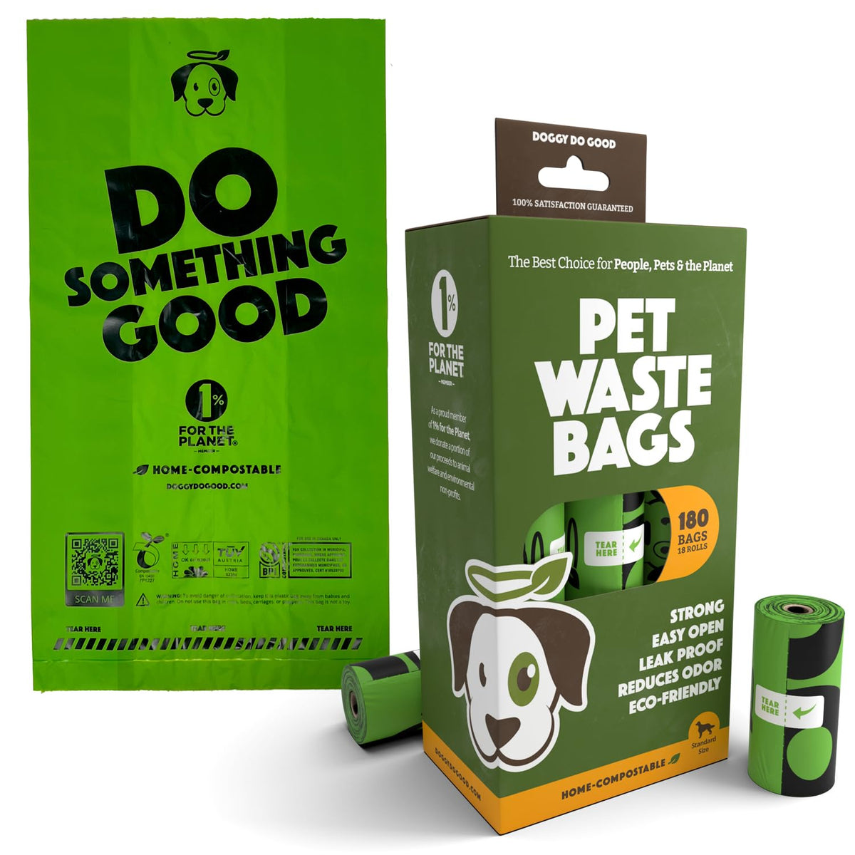 Doggy Do Good frente del paquete mostrando caja de 180 bolsas y beneficios