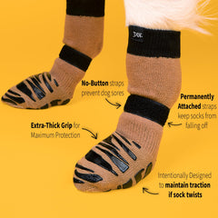 DOK TigerToes detalle de costuras y material elástico, confort y durabilidad para patas