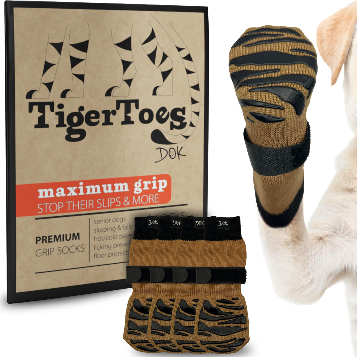 DOK TigerToes empacado frontal mostrando diseño y color Cool Caramel, protección inmediata