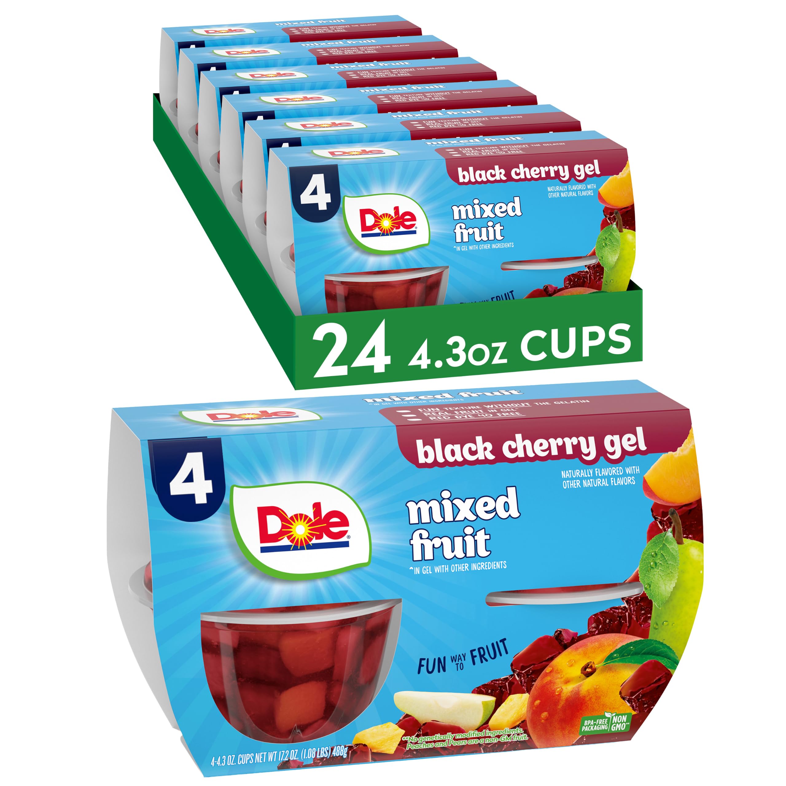 Dole vaso frontal con gel de cereza negra mostrando fruta variada y conveniencia