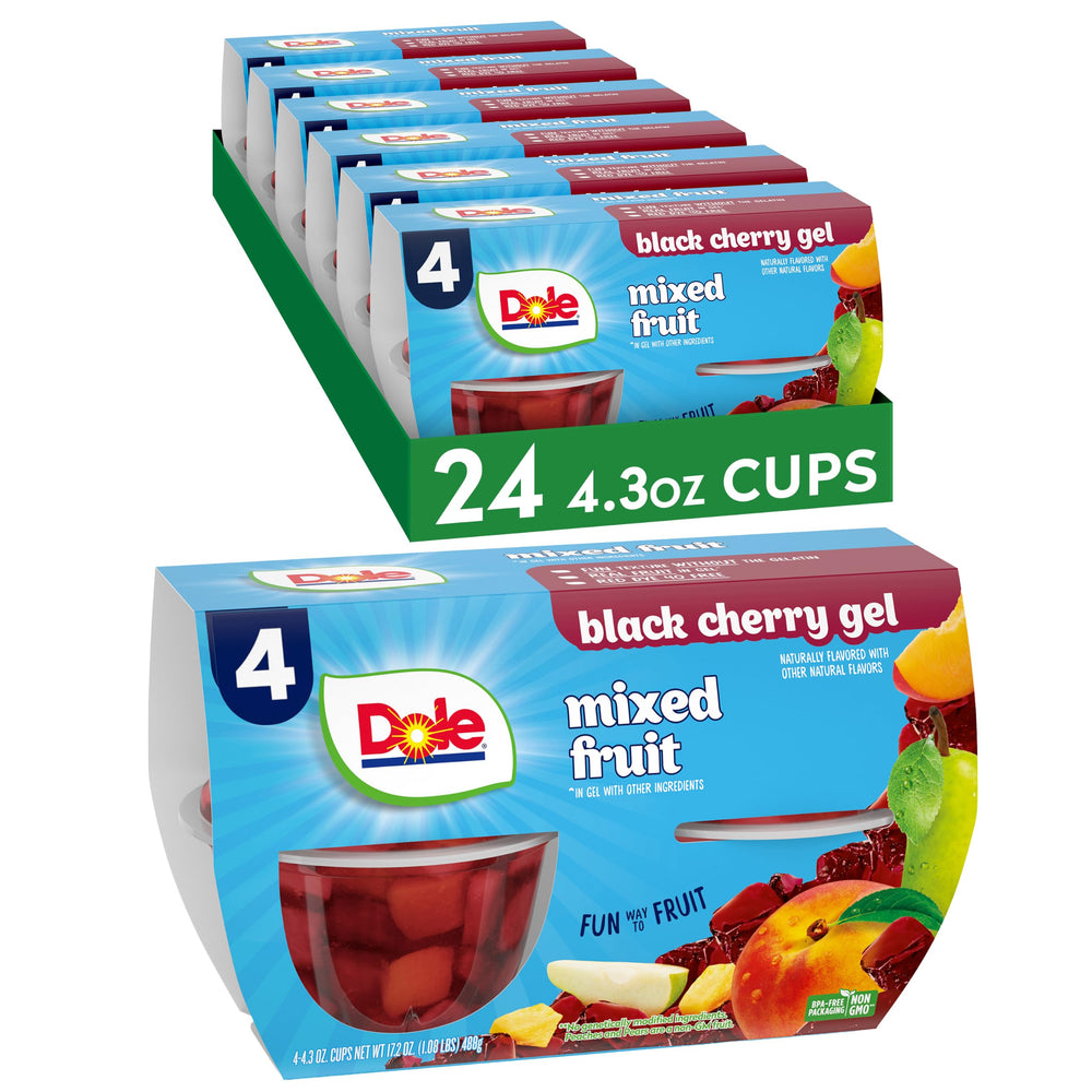Dole vaso frontal con gel de cereza negra mostrando fruta variada y conveniencia