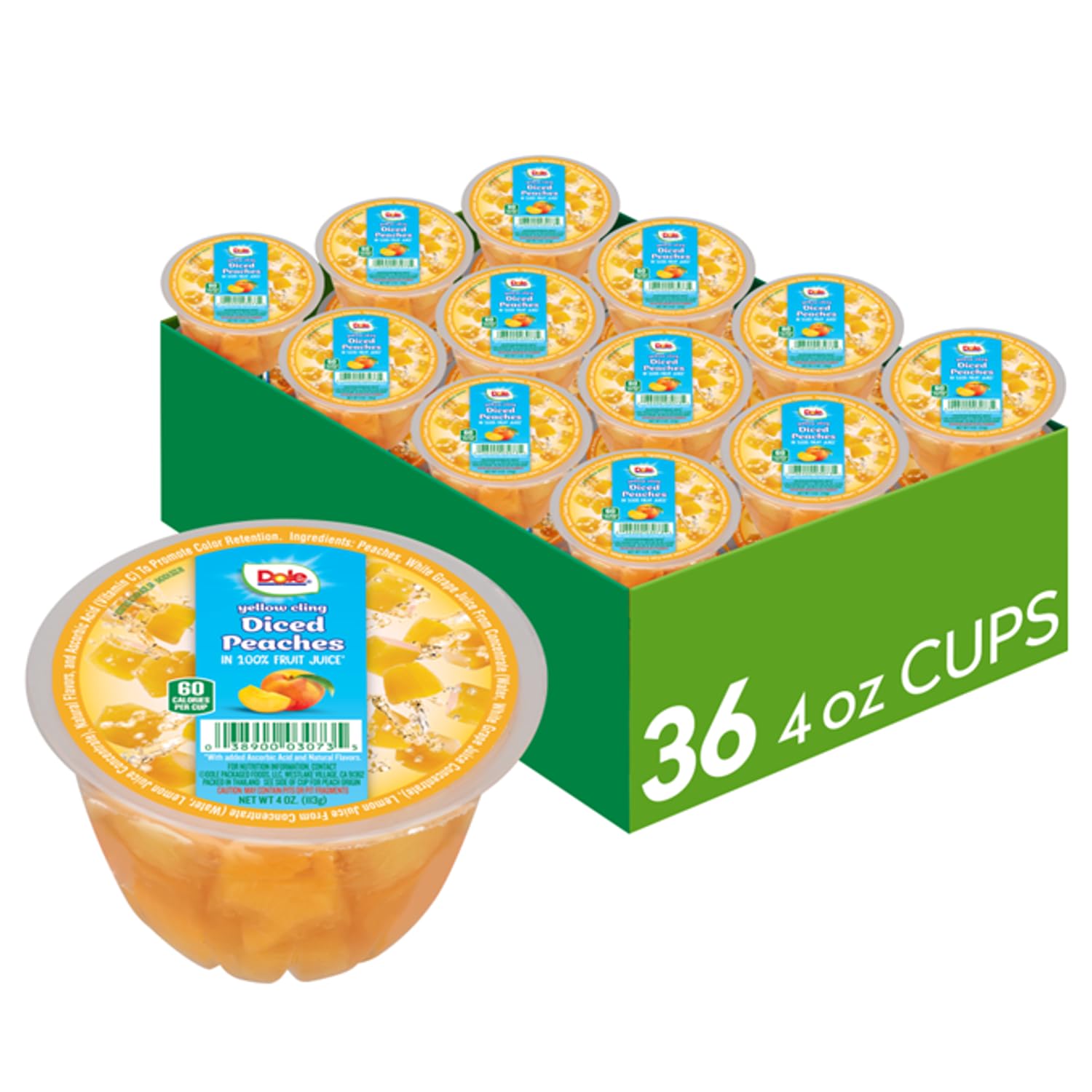 Dole vaso frontal mostrando duraznos en 100% juice listo para comer