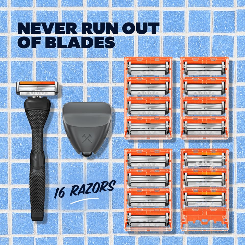 Dollar Shave Club primer plano del cartucho de cuatro cuchillas, corte preciso