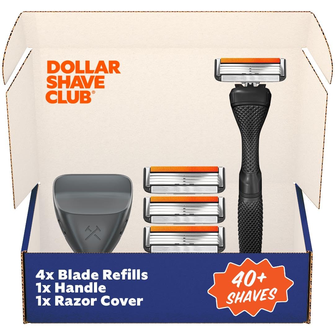 Dollar Shave Club vista frontal del paquete, práctico para viaje y compostura
