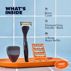 Dollar Shave Club primer plano del mango con agarre diamantado, mayor control