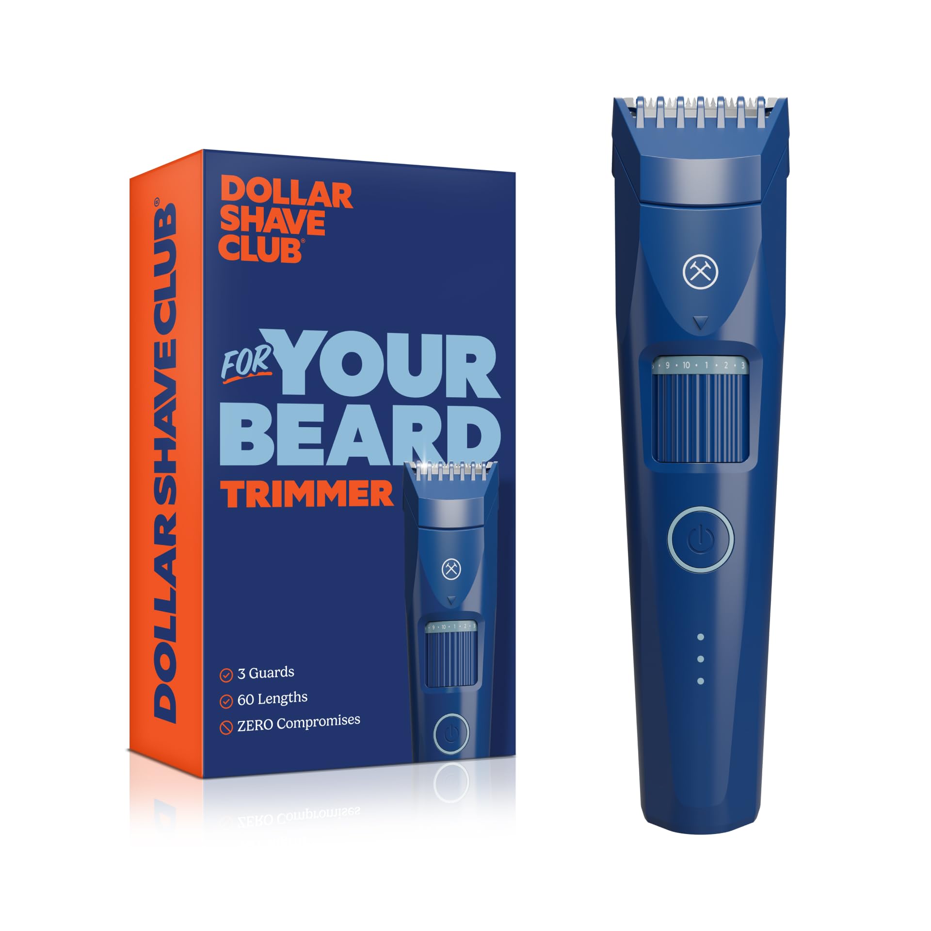 Dollar Shave Club recortadora frontal empaquetada mostrando diseño y beneficios de uso
