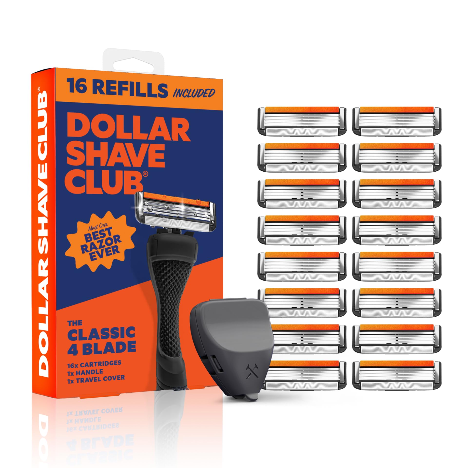 Dollar Shave Club imagen frontal del set mostrando recambios y mango, conveniencia de inicio