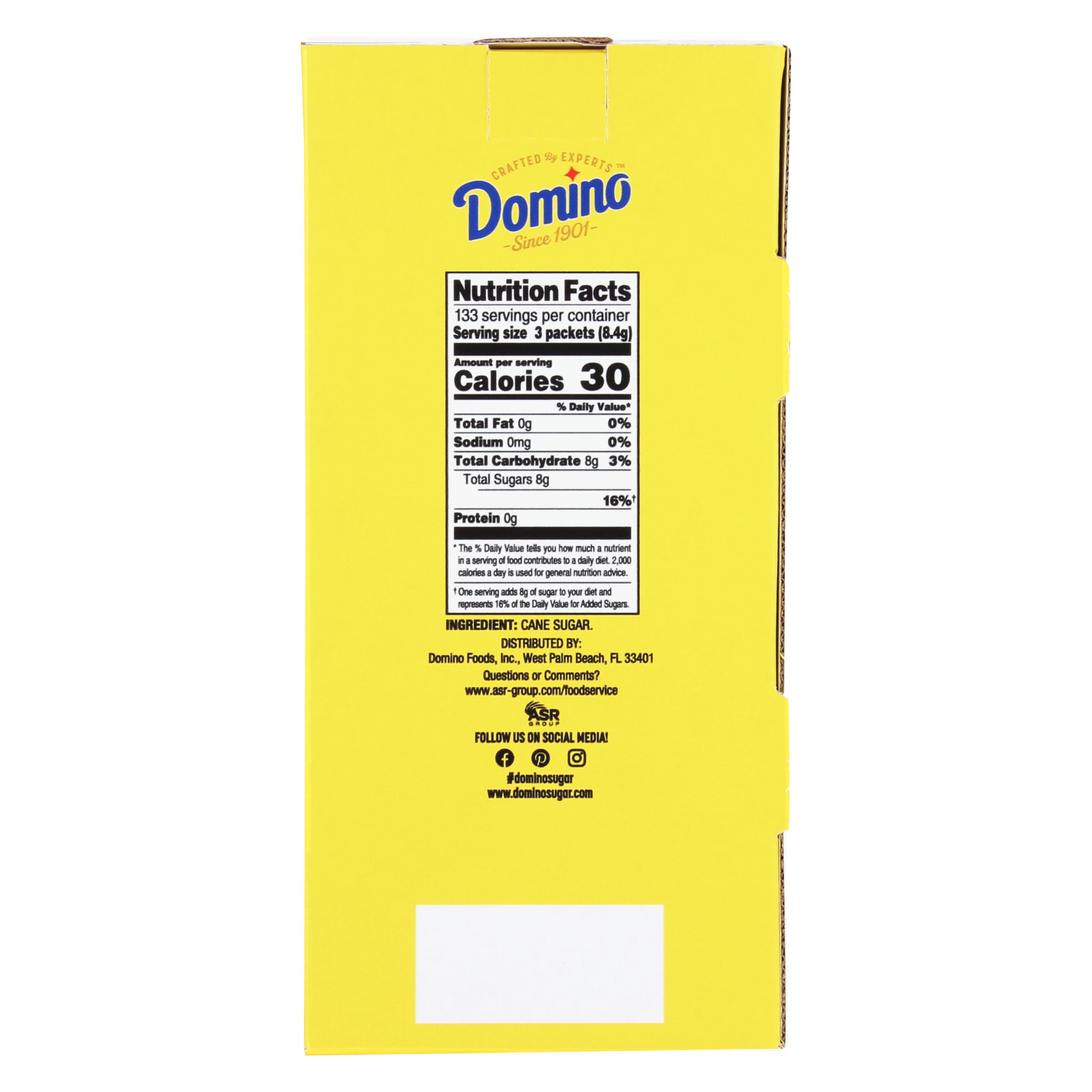 Domino etiqueta del producto con información de ingredientes y peso, transparencia